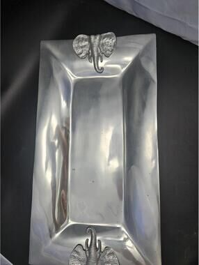 19" Silver Elephant Handle Tray 3D Metal Statement Vanity Platter India